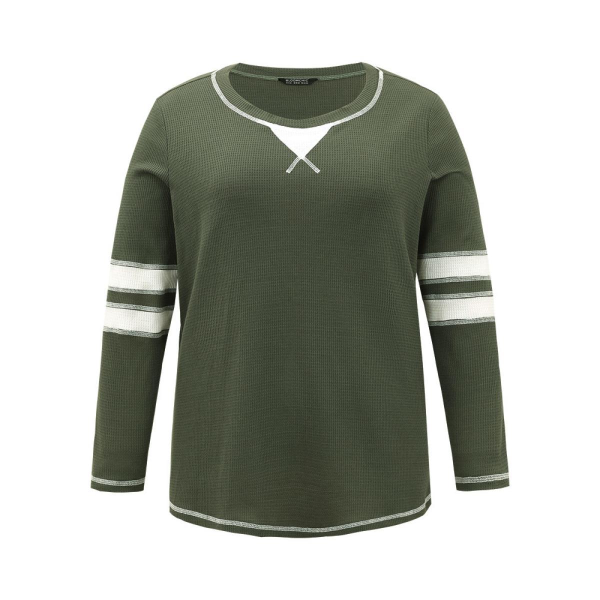 Plus Size Waffle Knit Striped Contrast Stitch T-shirt Green Women Casual Contrast Striped Round Neck Dailywear T-shirts BloomChic 12/L Product Image