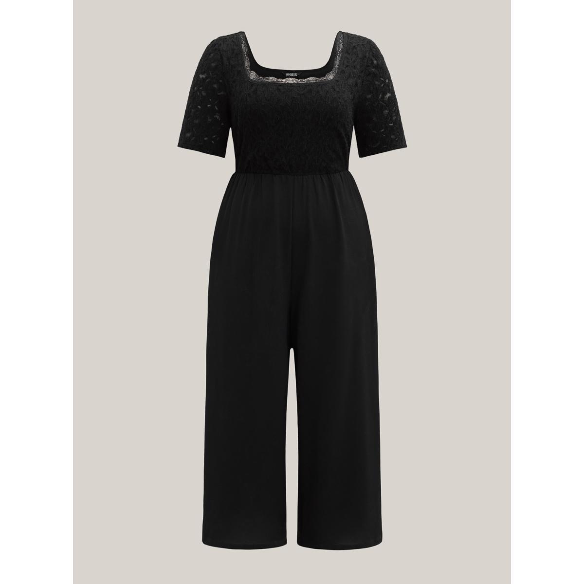 Plus Size Black Textured Lace Spliced Square Neck Jumpsuit Women Elegant Short sleeve Square Neck Everyday-Elegant Loose Jumpsuits BloomChic 12/L Product Image