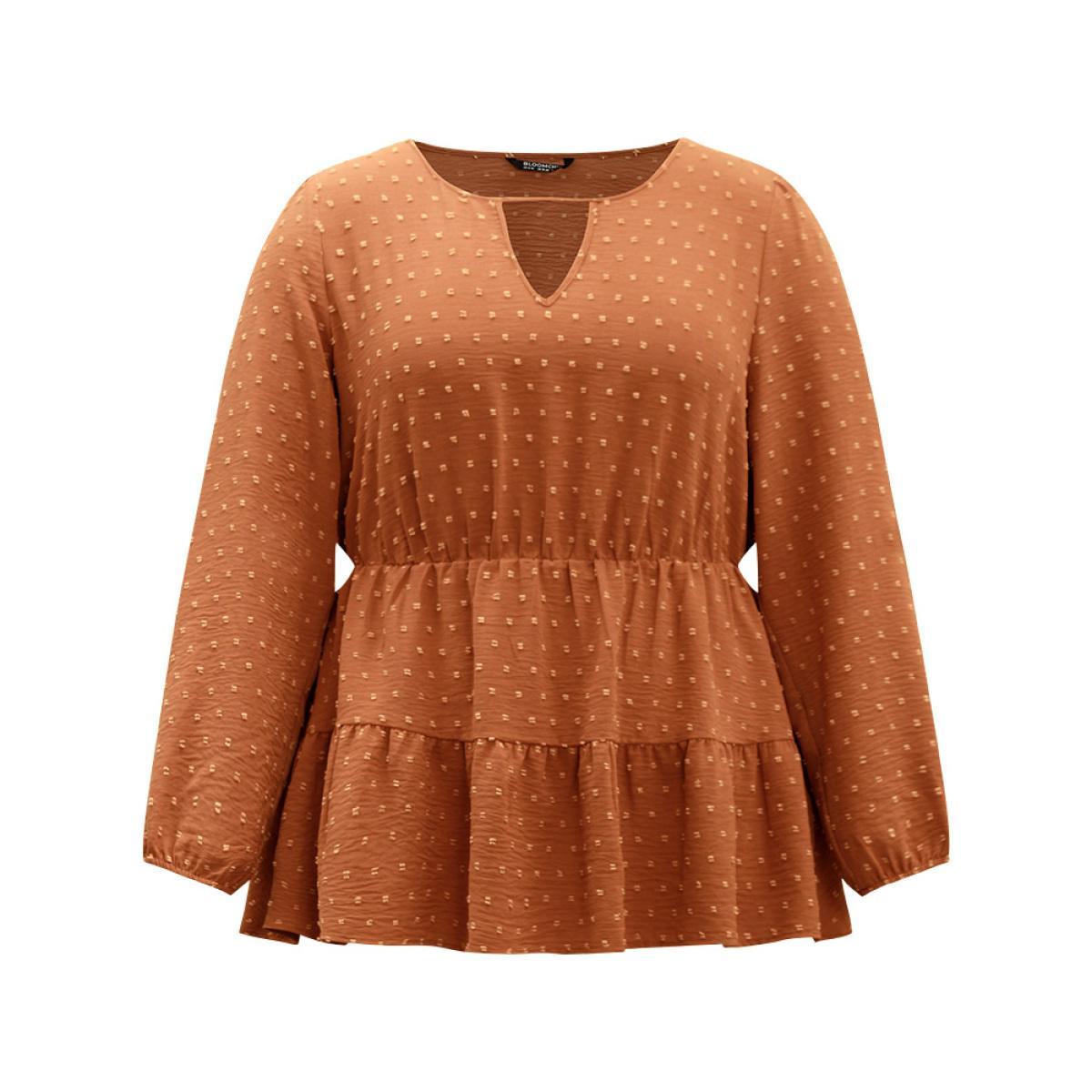 Plus Size Rust Textured Keyhole Ruffle Layered Hem Blouse Women Office Long Sleeve Keyhole Cut-Out Work Blouses BloomChic 22-24/3X Product Image