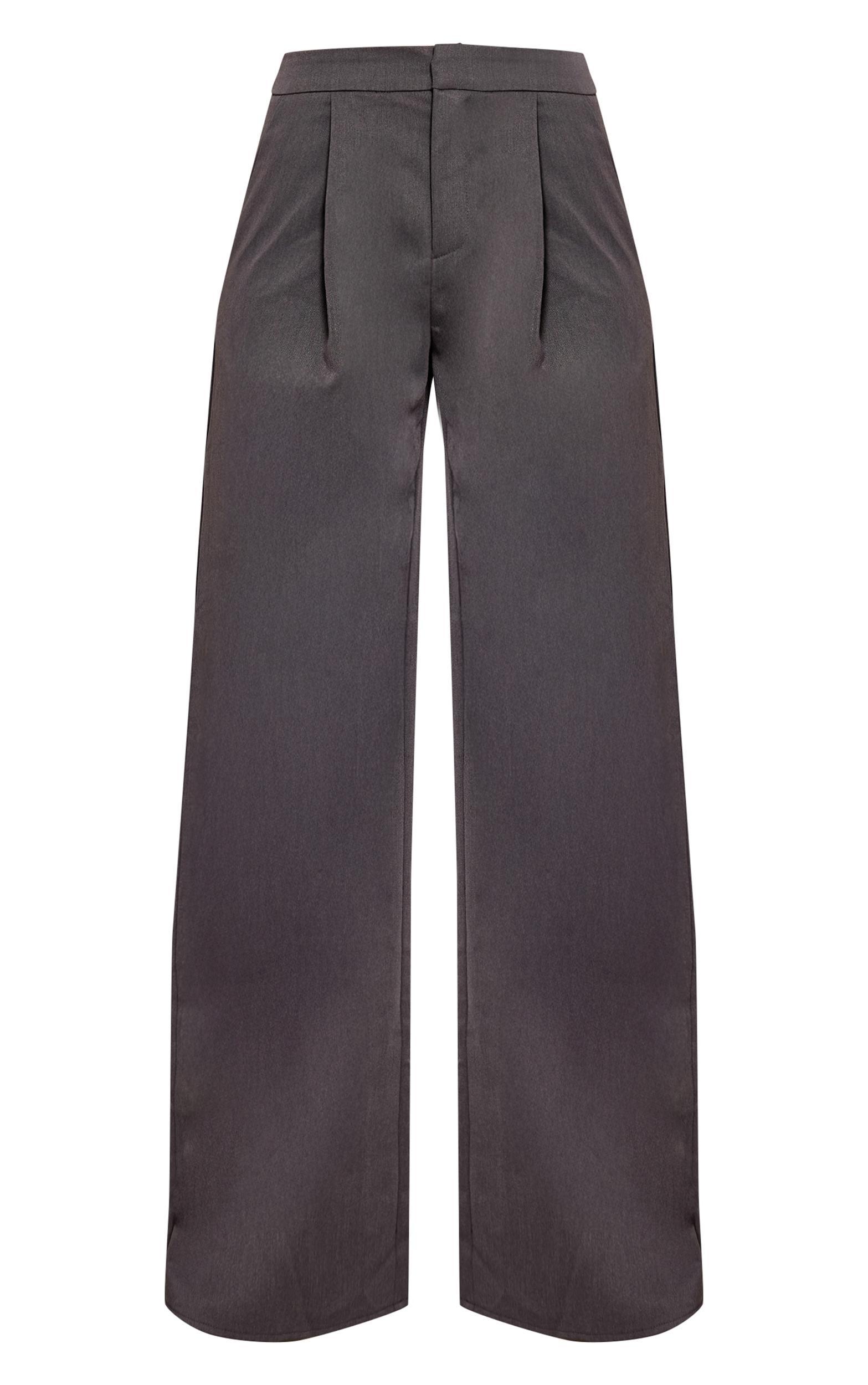 Charcoal Grey Premium Woven Tailored Wide Leg Pleated Pants Product Image