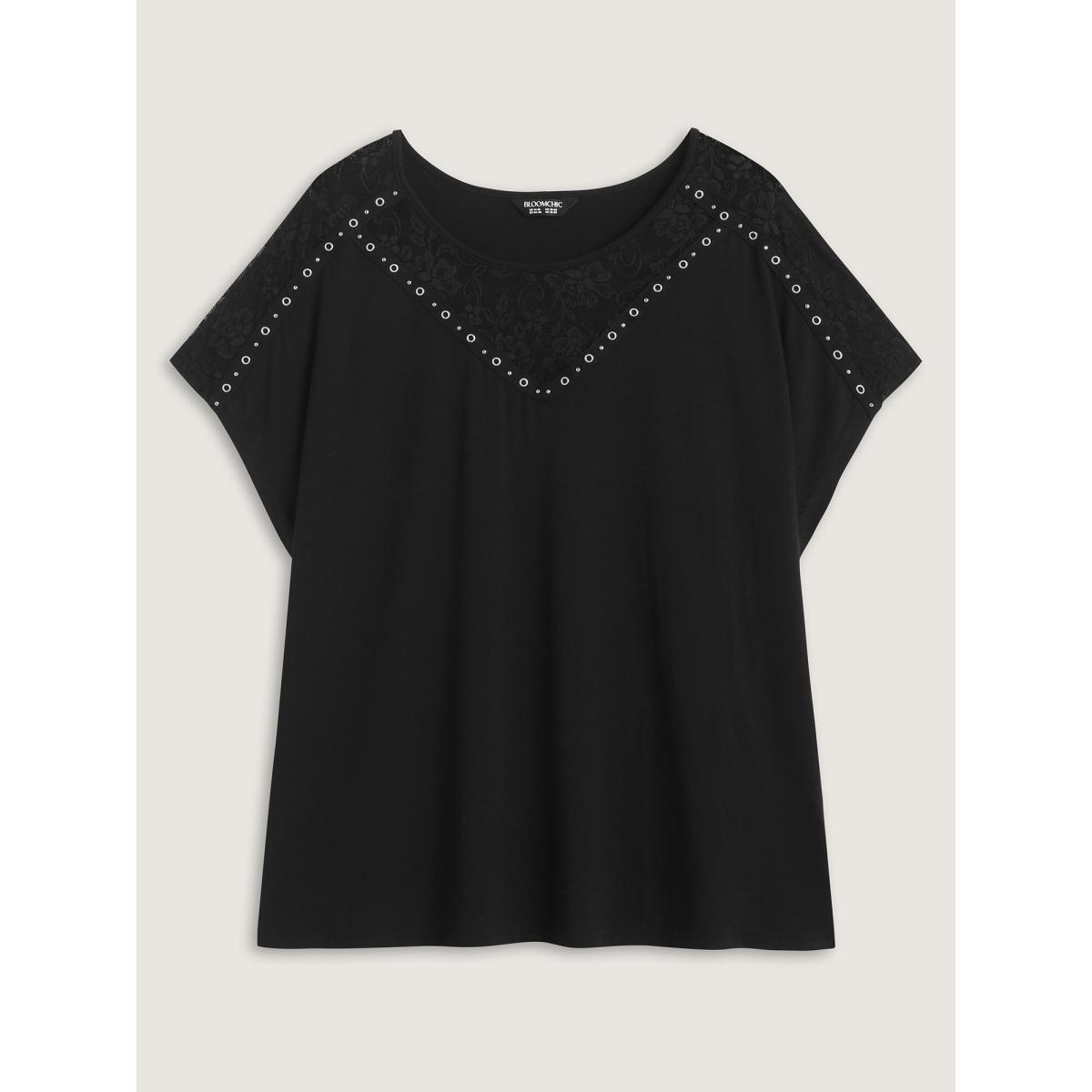 Plus Size Lace Trim Sheer Solid T-Shirt Black Women Round Neck Everyday-Casual T-shirts BloomChic 18-20/2X Product Image