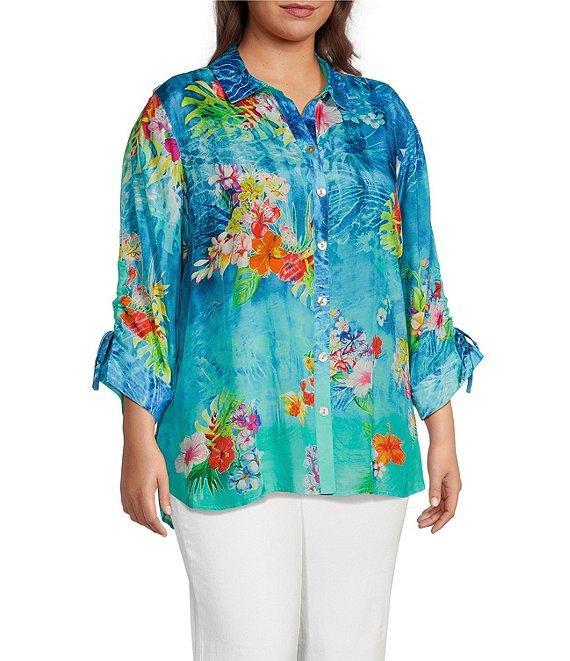 John Mark Plus Size Tropical Floral Print Point Collar Elbow Cinched Tie Sleeve Button Front Tunic Product Image