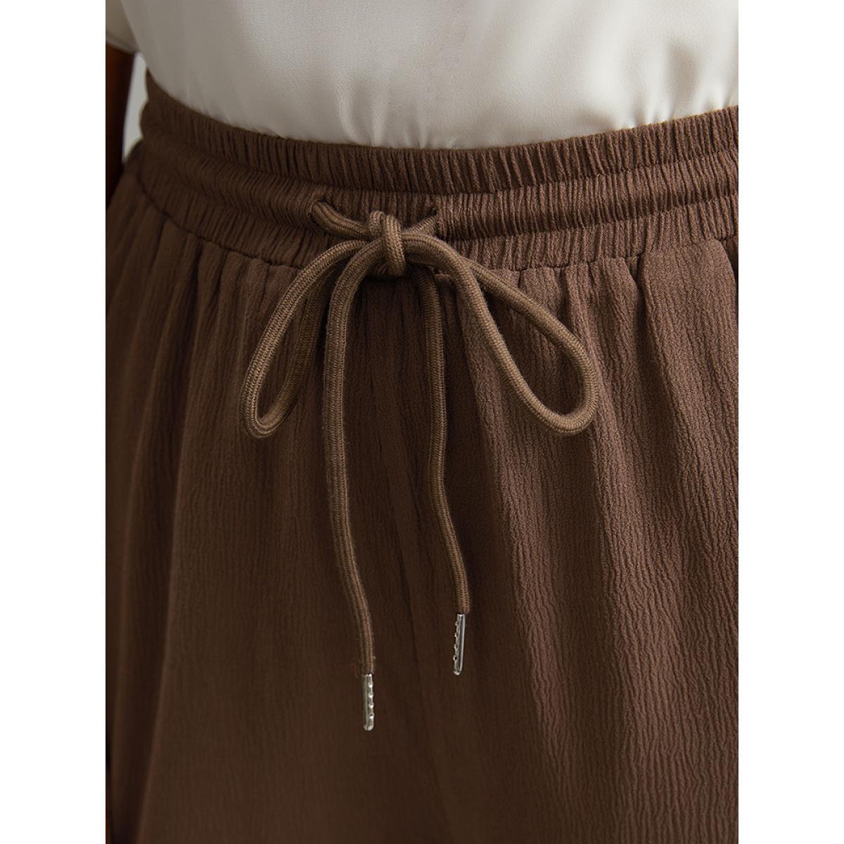 Plus Size Plain Drawstring Elastic Waist Straight Leg Pants Women DarkBrown Casual Harem High Rise Dailywear Pants BloomChic 12/L Product Image