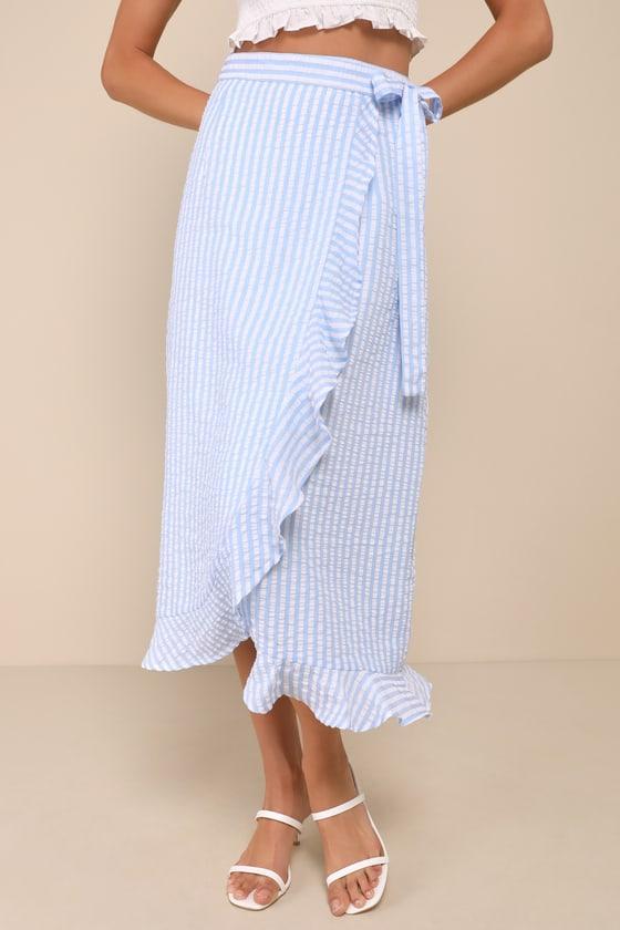 Effortlessly Sunny Blue and White Striped Wrap Midi Skirt Product Image