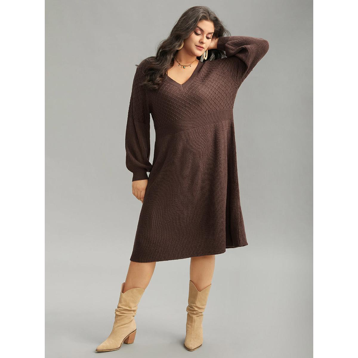 Plus Size A Line Waistline Inside Lantern Sleeve Sweater Dress DarkBrown Women Casual Loose Long Sleeve Dailywear Sweater Dresses BloomChic 12/L Product Image