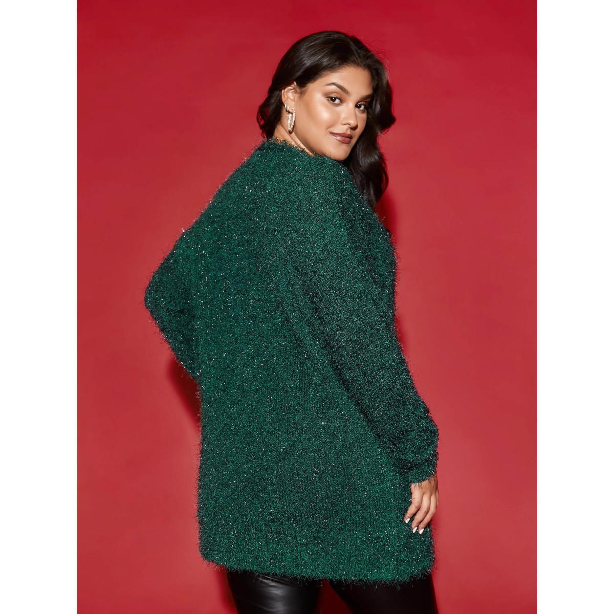 Plus Size Shimmery V-neck Button-Front Cardigan DarkGreen Women Cocktail Loose Long Sleeve Party Cardigans BloomChic 22-24/3X Product Image