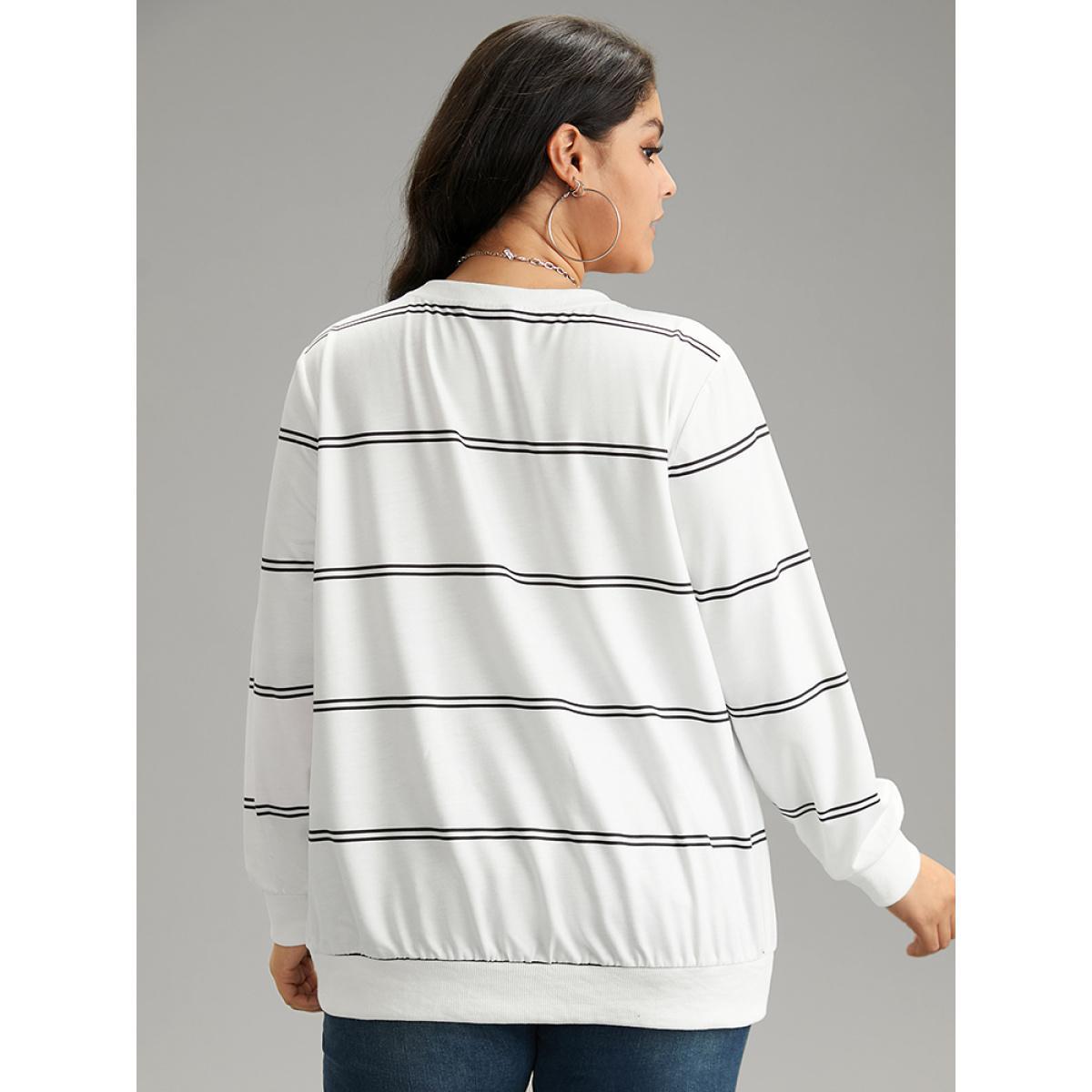 Plus Size Rib Knit Striped V Neck Sweatshirt Women White Casual Rib Knit V-neck Dailywear Sweatshirts BloomChic 22-24/3X Product Image