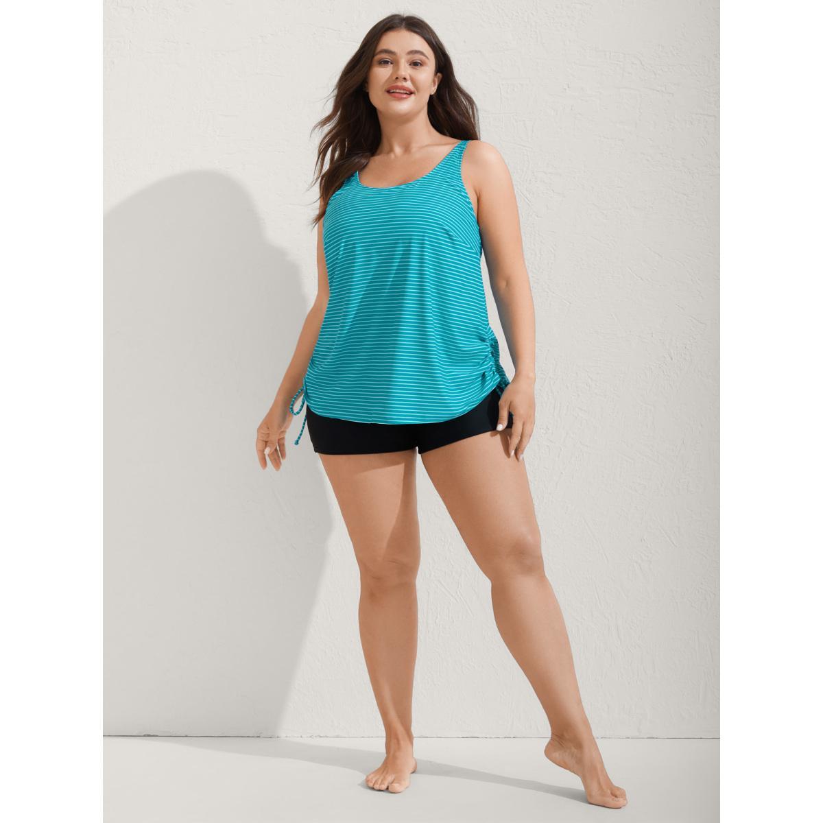 Plus Size Striped Non-Removable Cups Swim Top Women's Swimwear Emerald Beach Drawstring High stretch Bodycon U-neck Curve Swim Tops BloomChic 22-24/3X Product Image