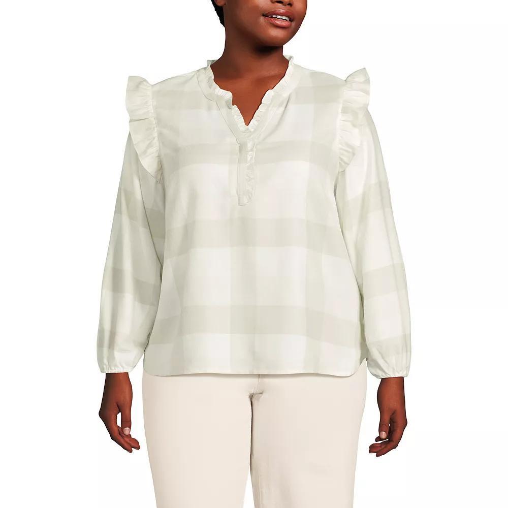 Plus Size Lands' End Ruffle Front Flannel Popover Blouse, Women's, Size: 1XL, Ivory Portobello Product Image