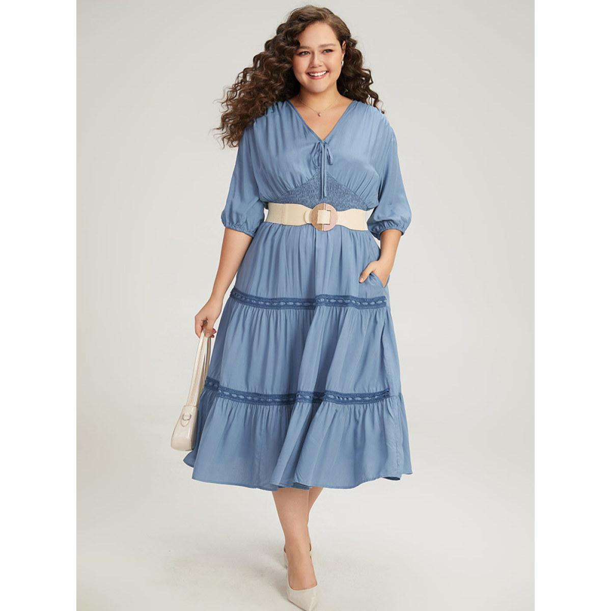 Plus Size Solid Shirred Stitch Layered Hem Ties Dress Stone Women Office Elastic cuffs Tie Neck Half Sleeve Curvy Midi Dress BloomChic 18-20/2X Product Image