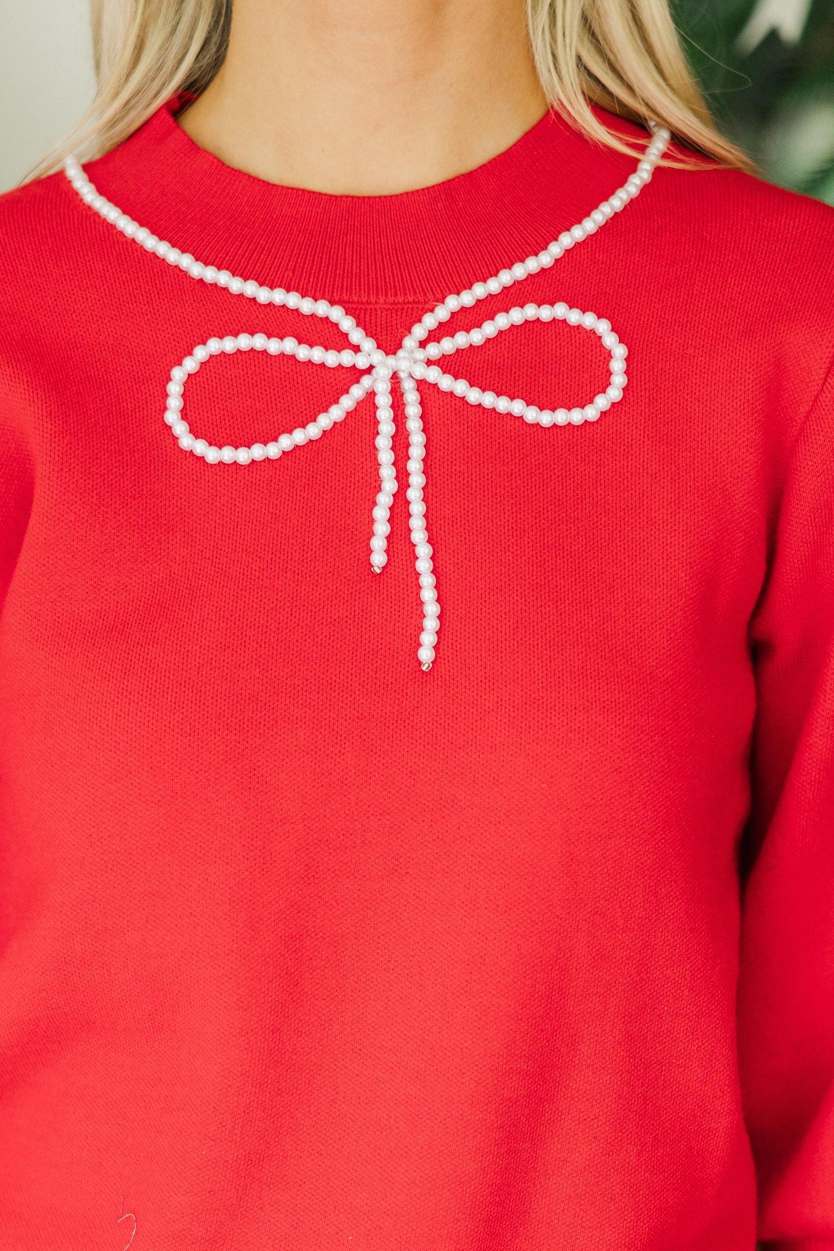 Another Day Red Pearl Embellished Sweater Female Product Image