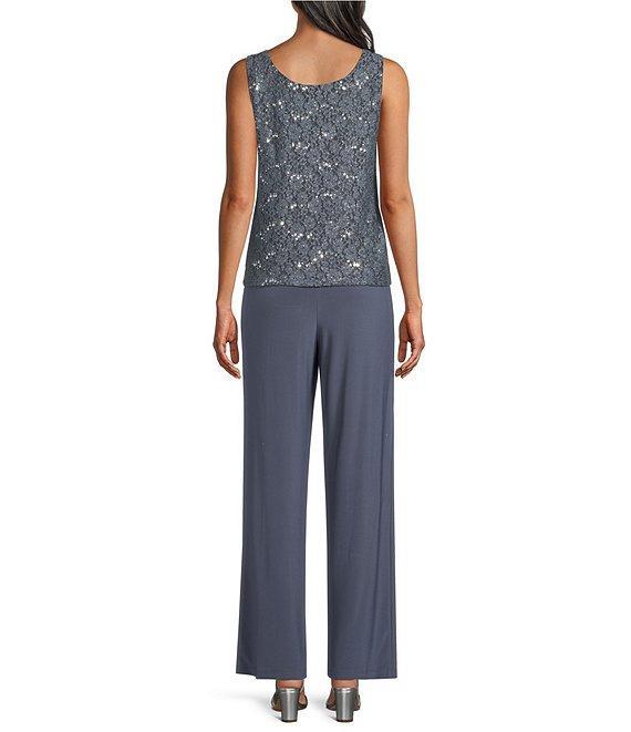 R & M Richards 3/4 Sleeve Sequin And Pearl Embellished Crew Neck Lace 3-Piece Pant Set Product Image