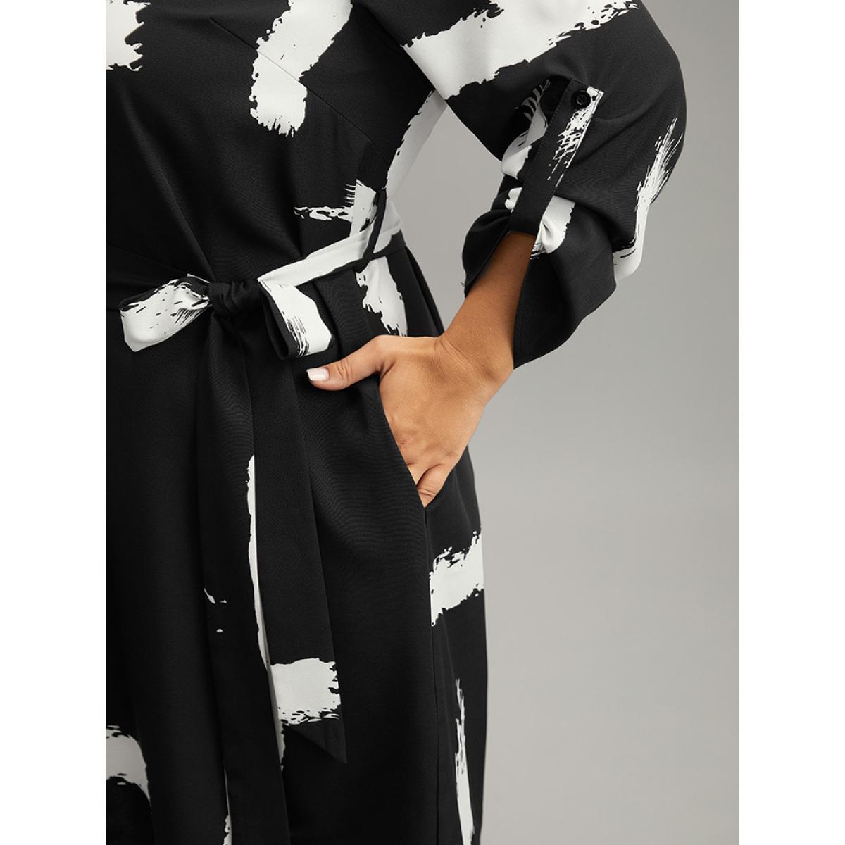 Plus Size Brush Print V Neck Belted Tab Sleeve Dress BlackFlower Women Office Belted V-neck Long Sleeve Curvy Knee Dress BloomChic 10/M Product Image