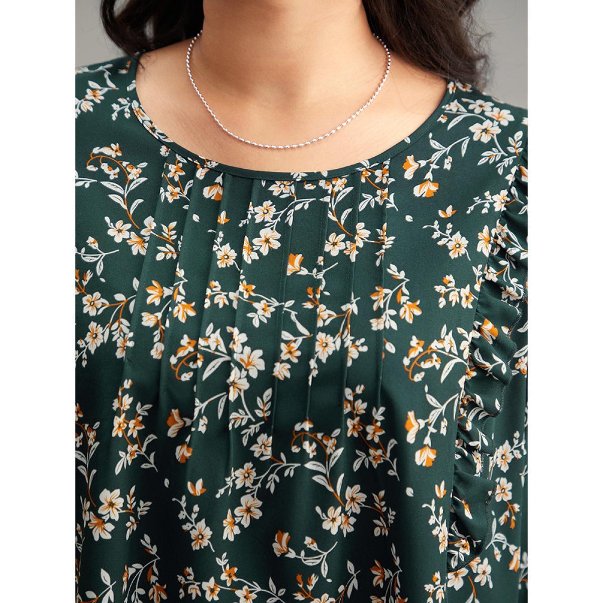 Plus Size DarkGreen Ditsy Floral Shirred Cuffs Frill Trim Blouse Women Elegant Long Sleeve Round Neck Dailywear Blouses BloomChic 18-20/2X Product Image