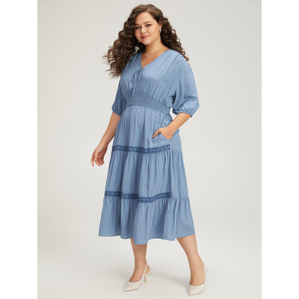 Plus Size Solid Shirred Stitch Layered Hem Ties Dress Stone Women Office Elastic cuffs Tie Neck Half Sleeve Curvy Midi Dress BloomChic 10/M Product Image