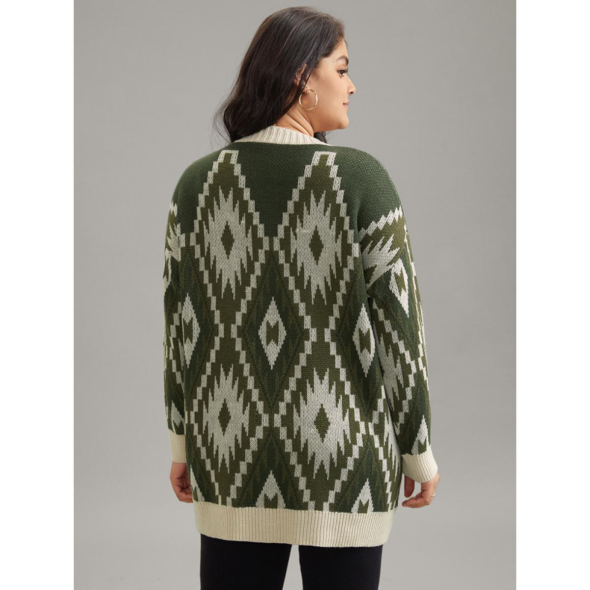 Plus Size Bandana Jacquard Button Through Patched Pocket Cardigan ArmyGreen Women Casual Loose Long Sleeve Dailywear Cardigans BloomChic 26/4X Product Image