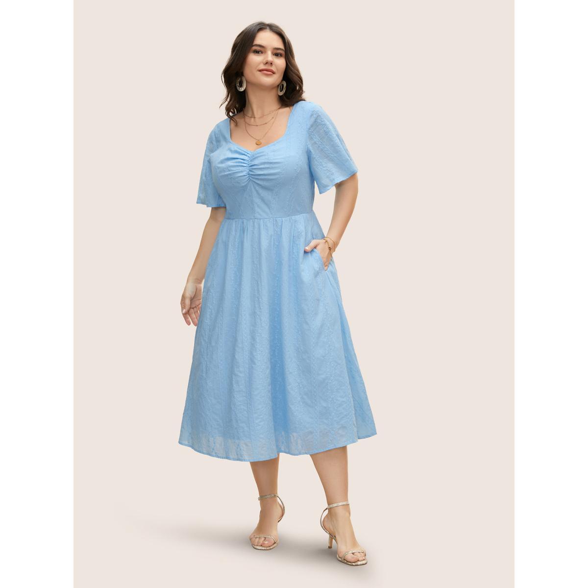 Plus Size Floral Chain Embroidered Ruched Midi Dress LightBlue Women Elegant Heart neckline Short sleeve Curvy BloomChic 30/6X Product Image