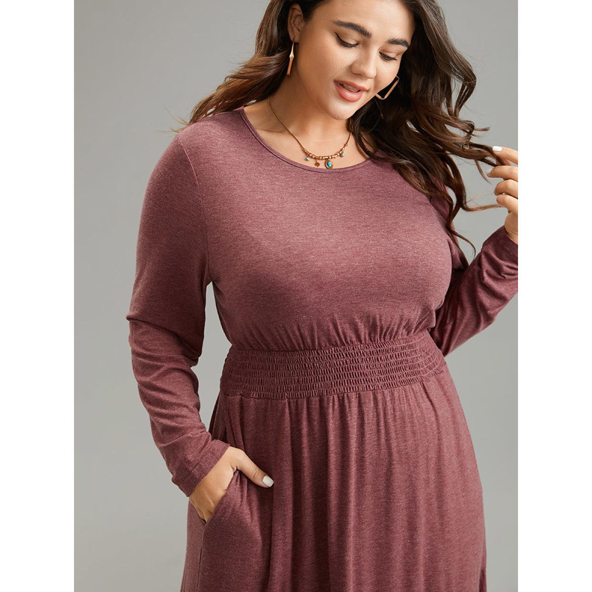 Plus Size Supersoft Essentials Tiered Ruffles Gathered Dress Scarlet Women Casual Gathered Round Neck Long Sleeve Curvy Midi Dress BloomChic 10/M Product Image