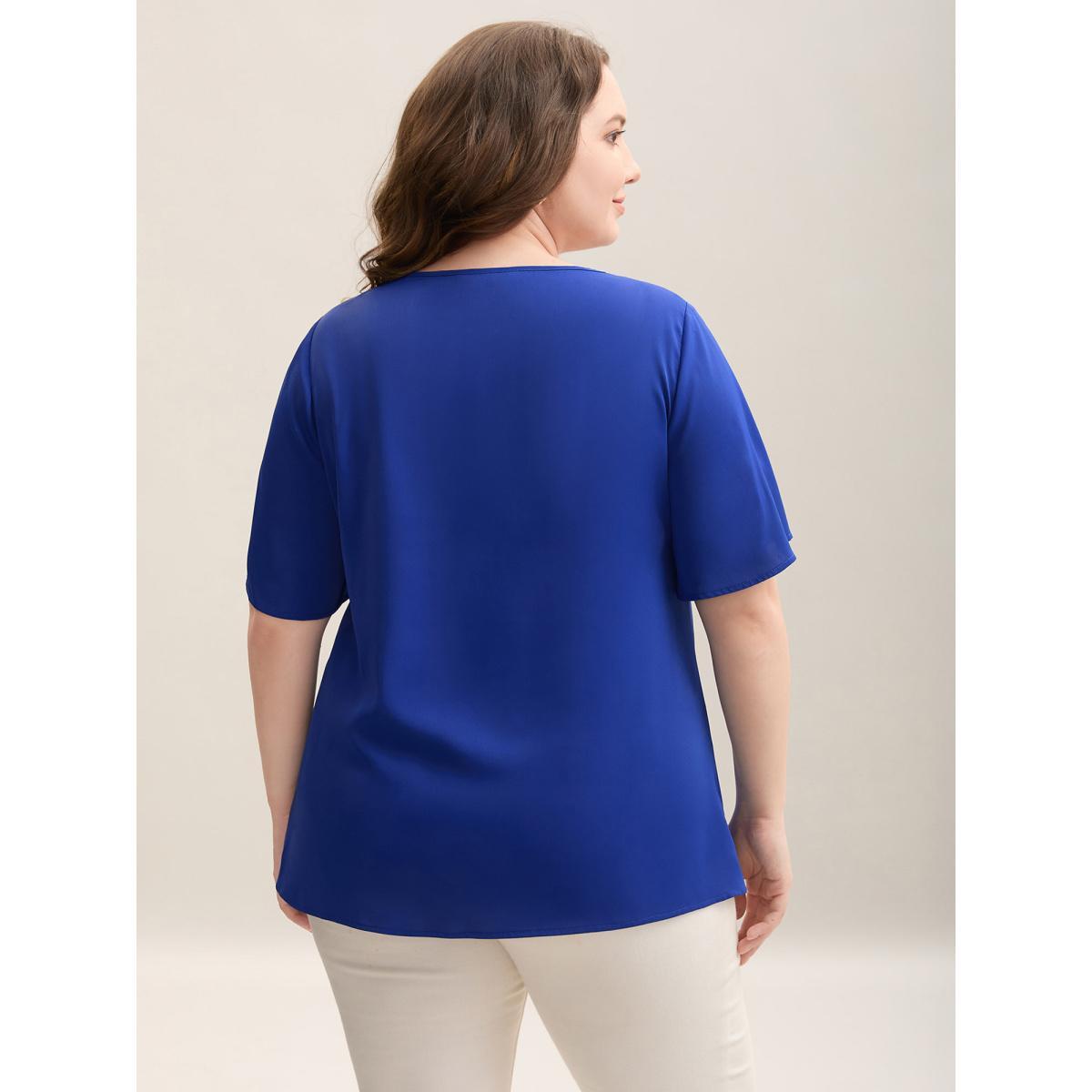 Plus Size Black Sheer Grid Neck Keyhole Blouse Women Short sleeve Round Neck Work Blouses BloomChic 12/L Product Image