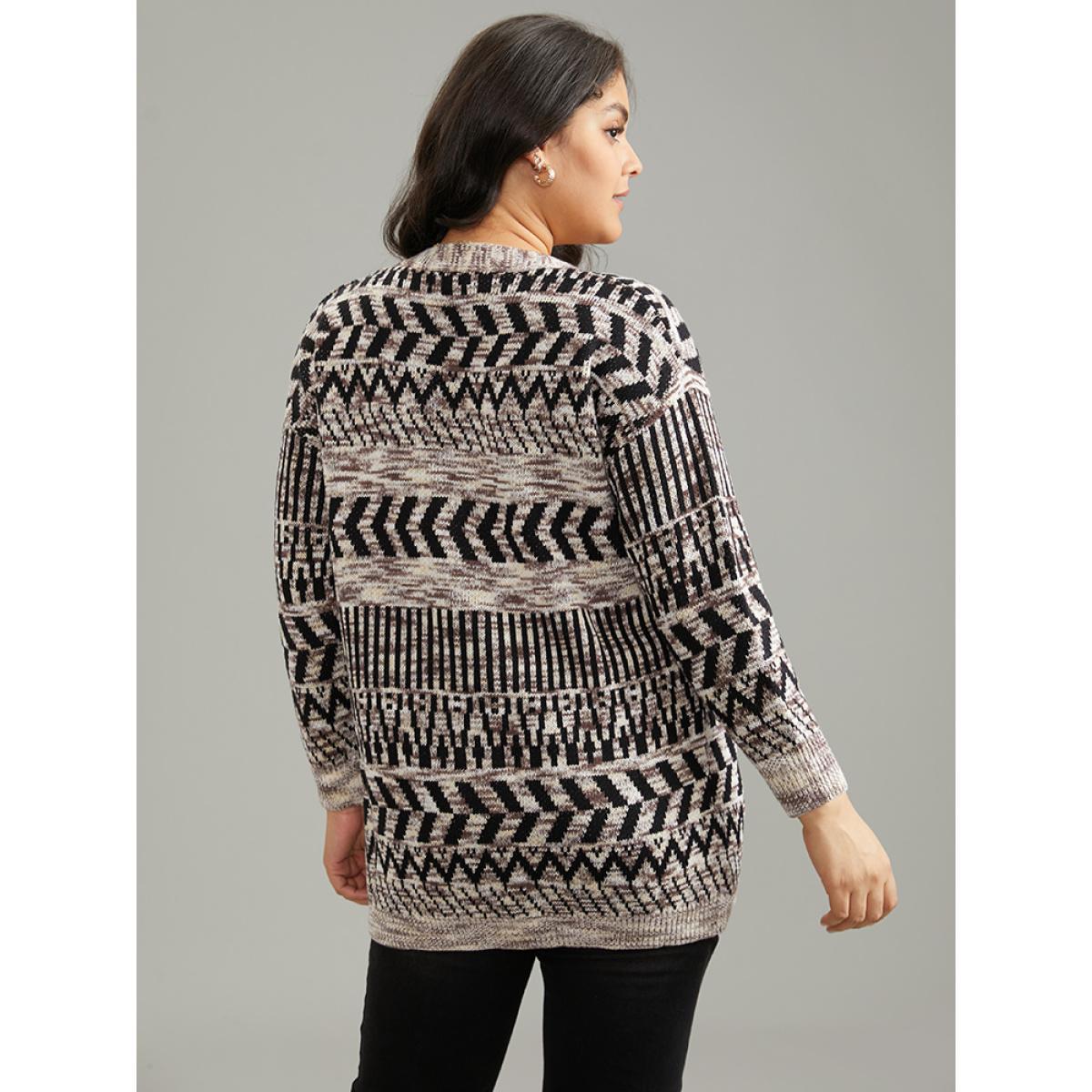 Plus Size Geometric Heather Button Up Elastic Cuffs Cardigan DarkBrown Women Casual Loose Long Sleeve Dailywear Cardigans BloomChic 26/4X Product Image
