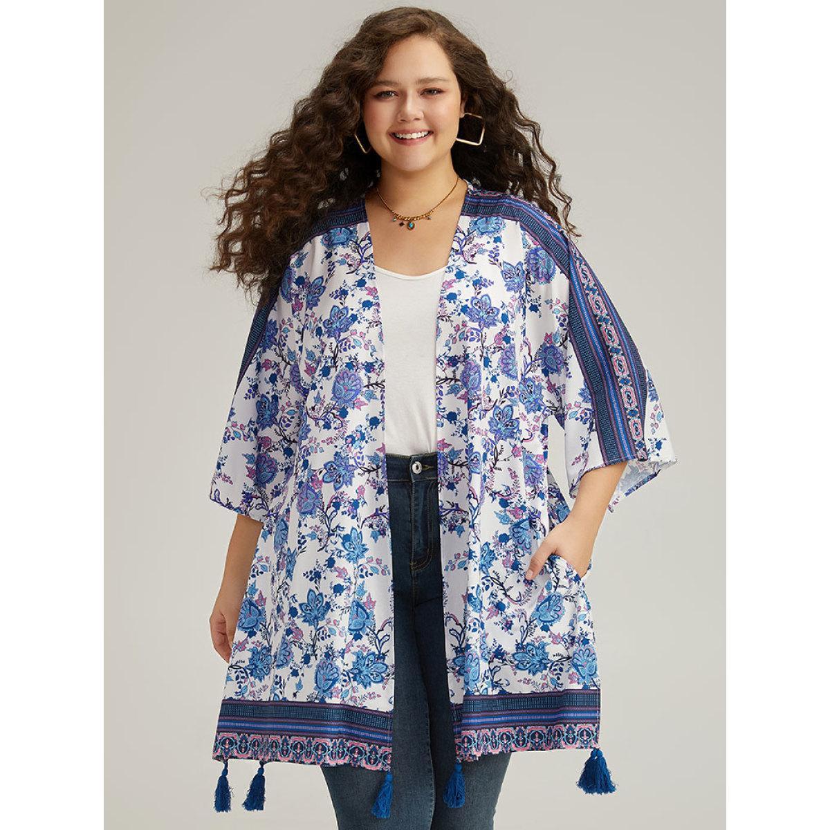 Plus Size Floral Print Tassels Trim Split Side Kimono Women Cerulean Casual Drape Pocket Dailywear Kimonos BloomChic 22-24/3X Product Image