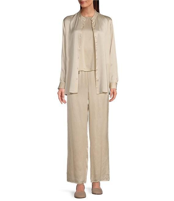 Eileen Fisher Silk Satin Mandarin Collar Long Sleeve Button Front Shirt Product Image