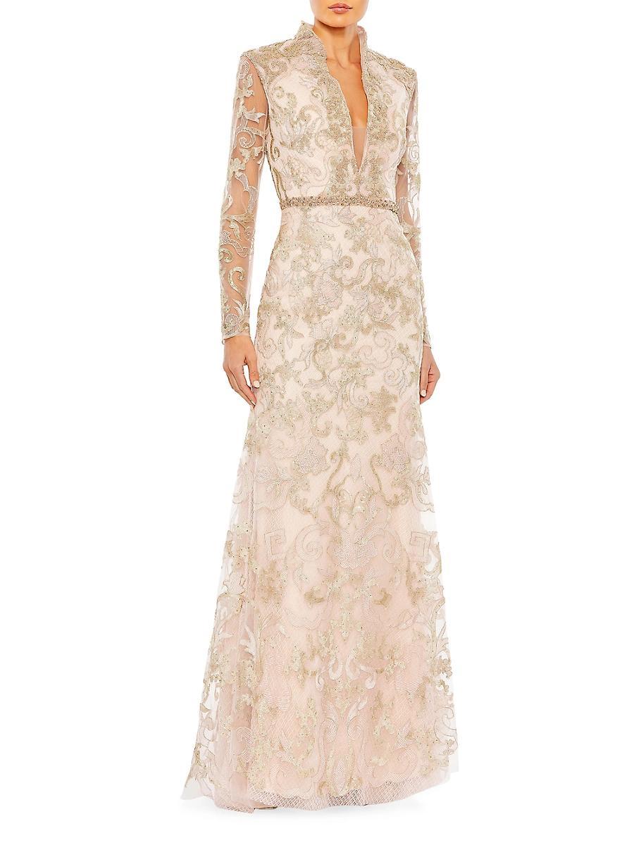 Mac Duggal Sheer Long Sleeve Deep V-Neck Applique A Product Image