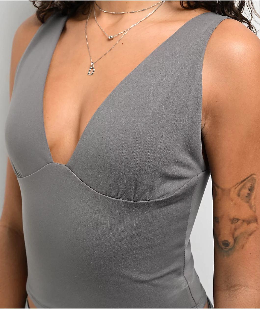 Freeworld Pheobe Grey V-Neck Crop Tank Top Product Image