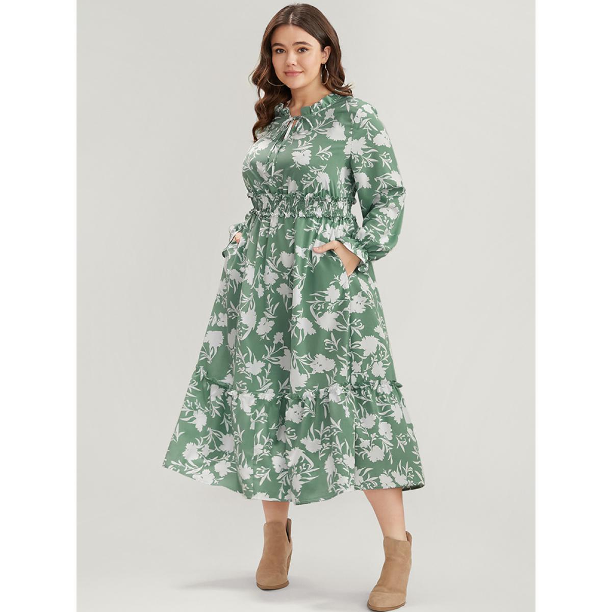 Plus Size Floral Lantern Sleeve Shirred Pocket Tie Neck Ruffle Dress Green Women Elegant Pocket Round Neck Long Sleeve Curvy Midi Dress BloomChic 10/M Product Image