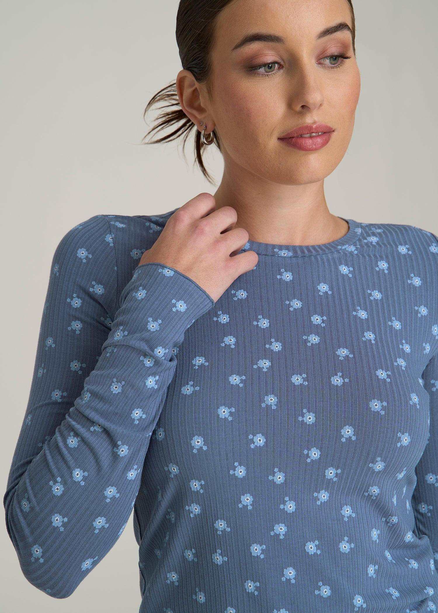Lightweight Ribbed Cropped Lounge Shirt for Tall Women in Vintage Indigo Floral Product Image