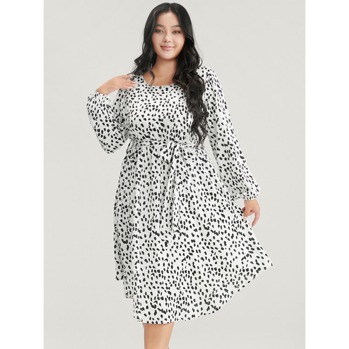 Plus Size Leopard Print Lantern Sleeve Pocket Belted Arc Hem Dress White Women Elegant Pocket Round Neck Long Sleeve Curvy Midi Dress BloomChic 22-24/3X Product Image