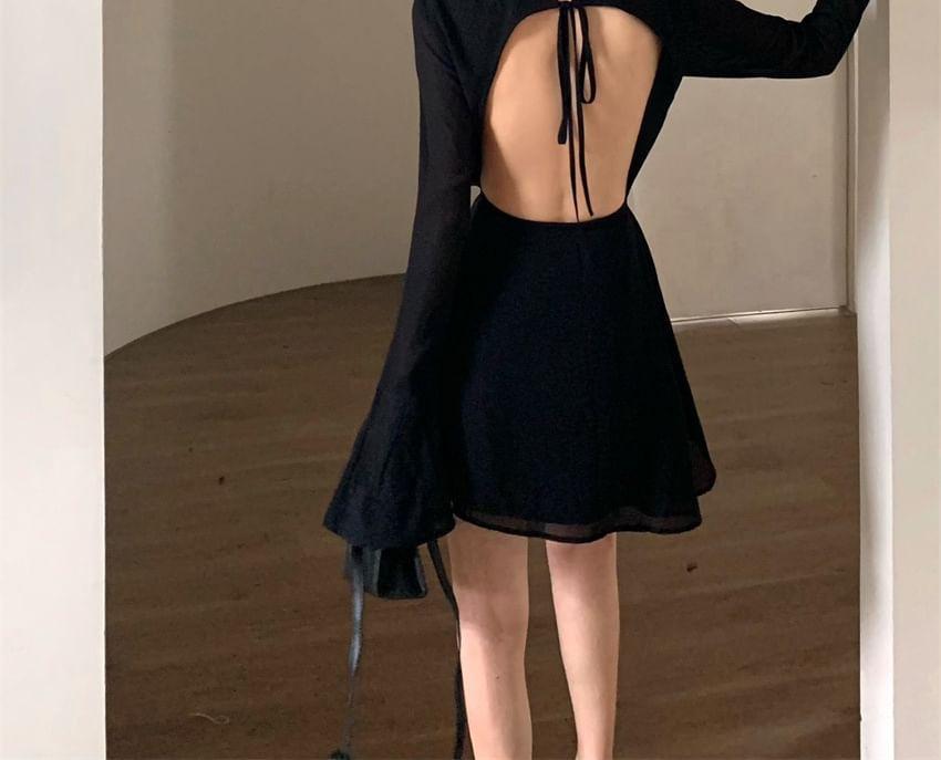 Long-Sleeve Crew Neck Plain Tie Waist Open Back Mini A-Line Dress Product Image