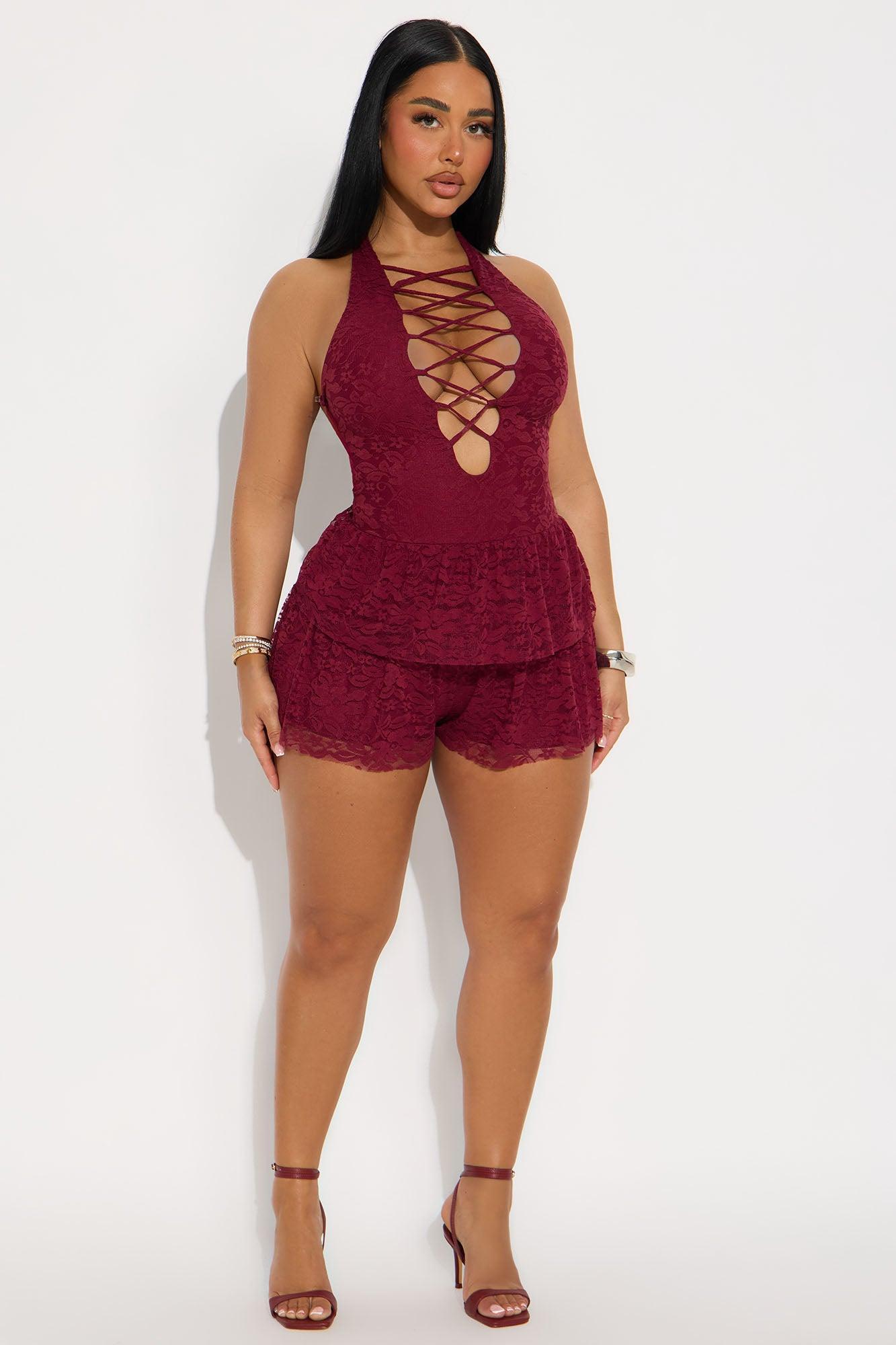 Valentina Halter Lace Romper - Burgundy Product Image