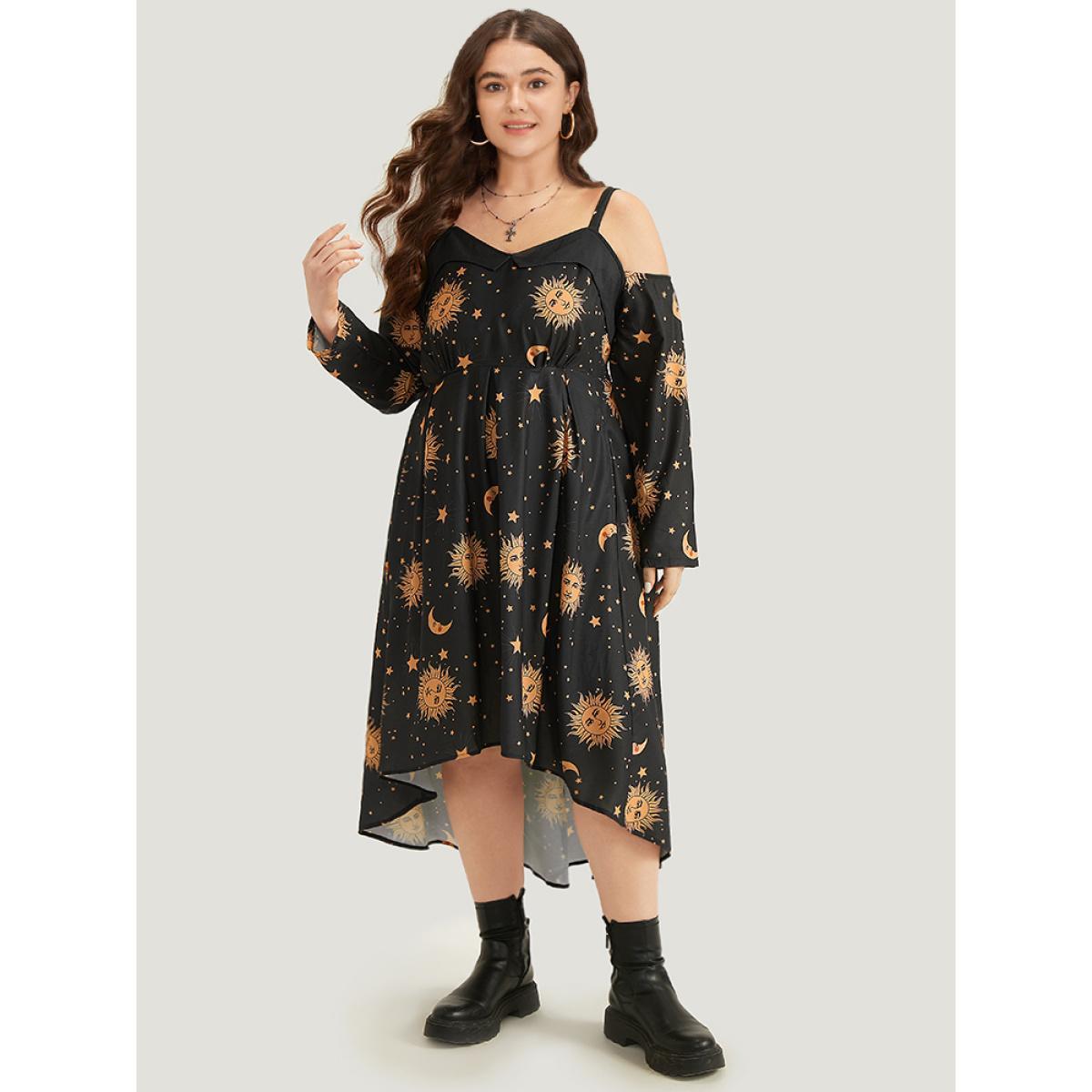 Plus Size Halloween Moon & Star Cold Shoulder Pocket Elastic Waist Dress Black Women Casual Adjustable Straps Spaghetti Strap Long Sleeve Curvy Midi Dress BloomChic 22-24/3X Product Image