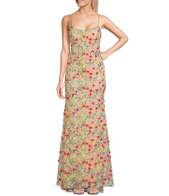 Honey and Rosie 3D Floral Sequin Spaghetti Strap Mermaid Dress Product Image