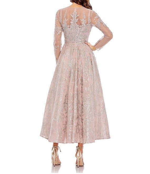 Mac Duggal Illusion Crew Neck Long Sleeve Beaded Tea Length A-Line Dress Product Image