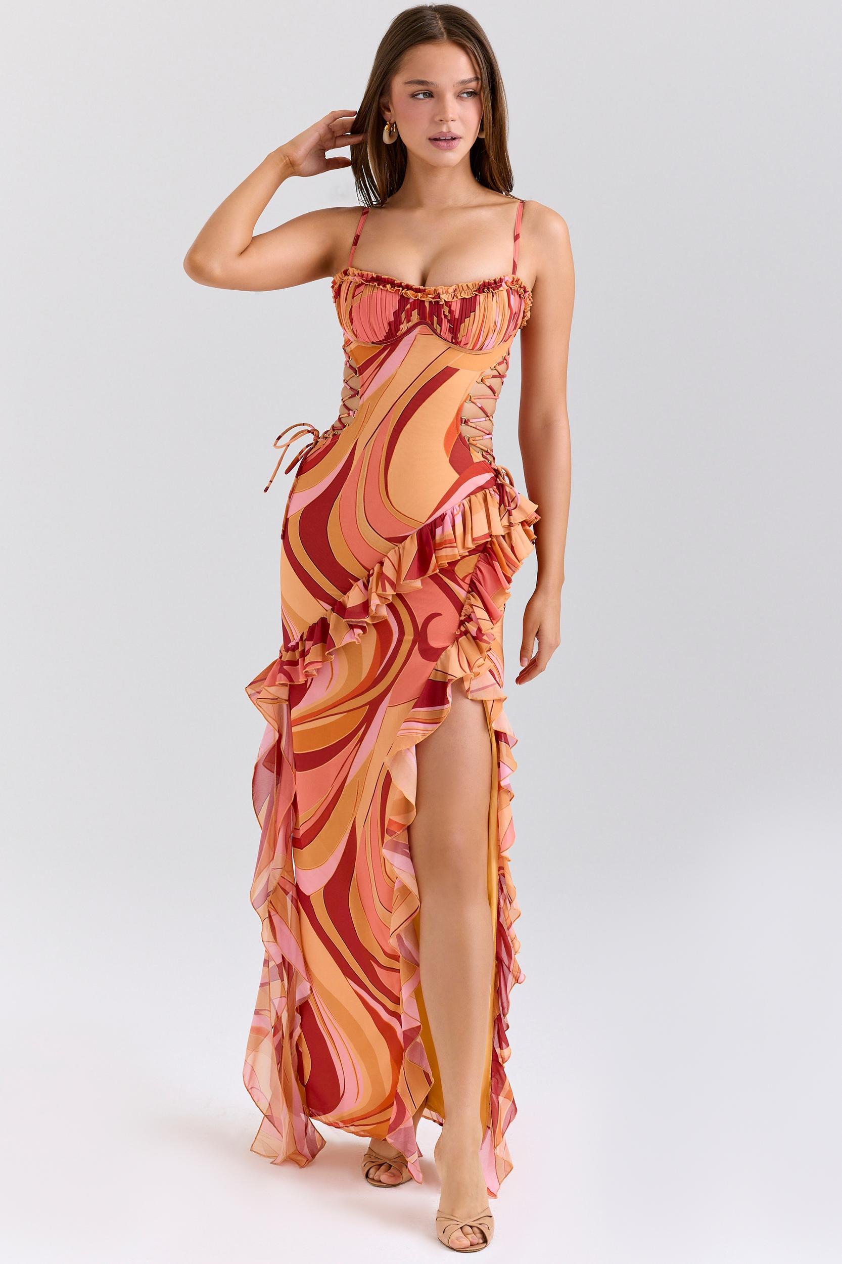 Lumira  sunset swirl print ruffle cut out maxi dress Product Image