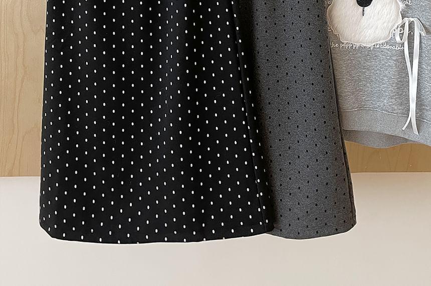 Elastic Waist Dotted Fleece-Lined Midi A-Line Skirt Product Image