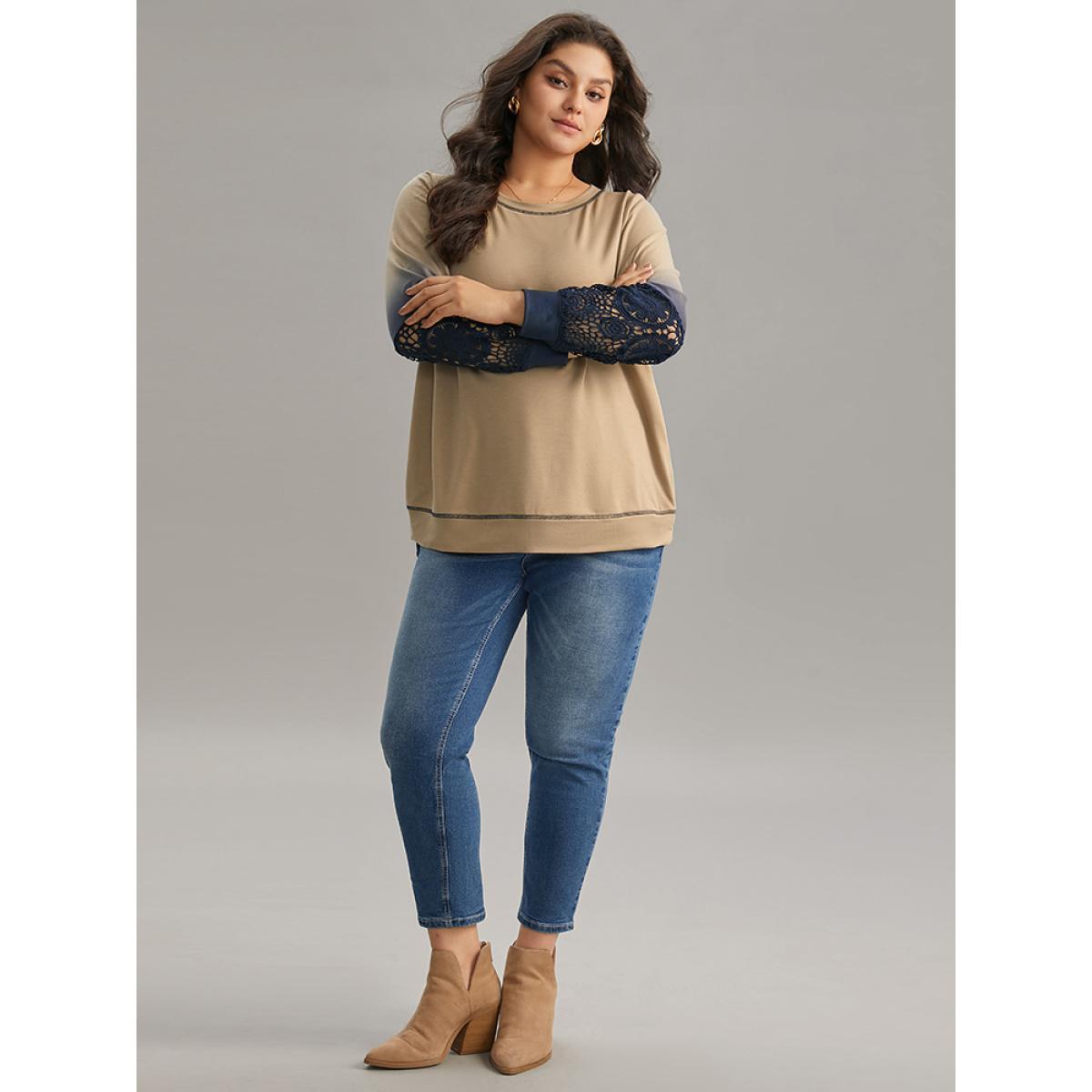 Plus Size Tie Dye Contrast Lace Panel Sweatshirt Women Tan Elegant Contrast Round Neck Dailywear Sweatshirts BloomChic 26/4X Product Image