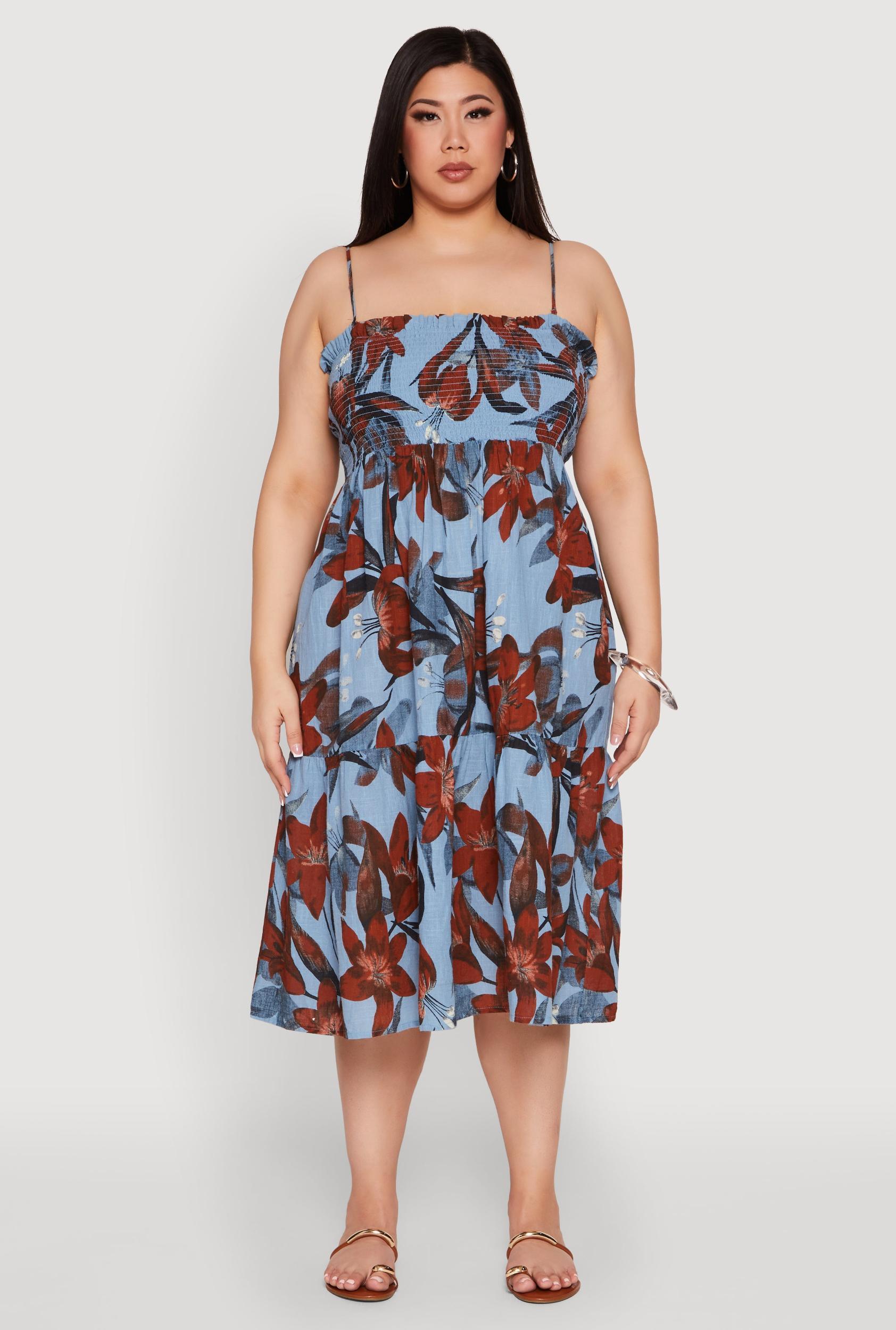 Womens Plus Size Floral Print Smocked Tiered Midi Dress Product Image