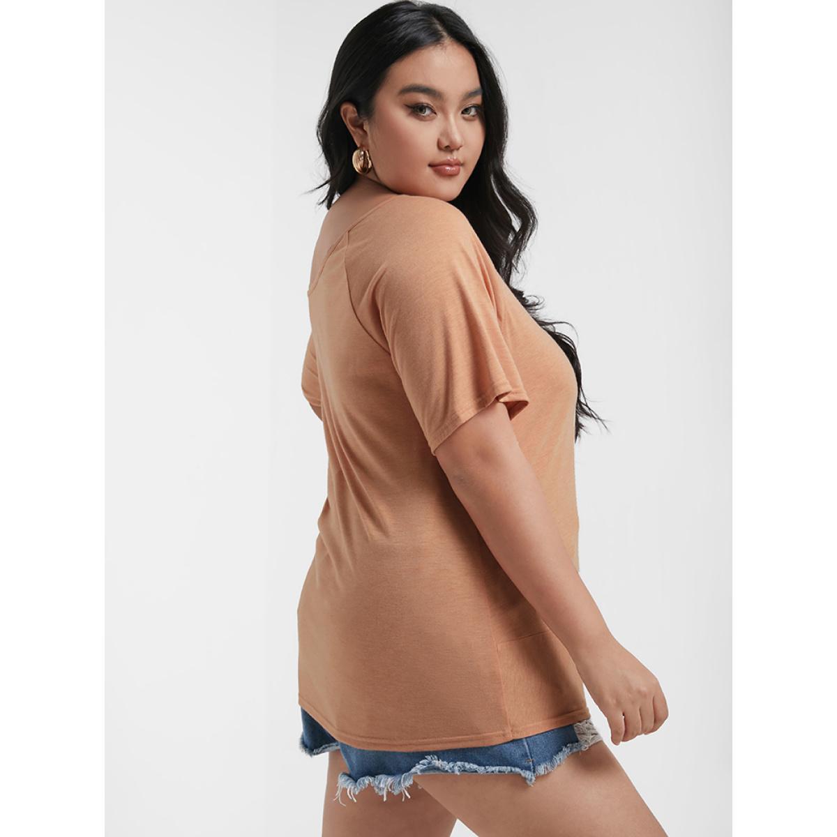 Plus Size Plain Twist Front Off Shoulder T-shirt Salmon Women Casual Gathered Plain Round Neck Dailywear T-shirts BloomChic 10/M Product Image