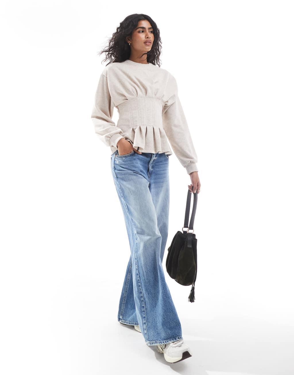 ASOS DESIGN pleated waist sweatshirt in oatmeal heather Product Image