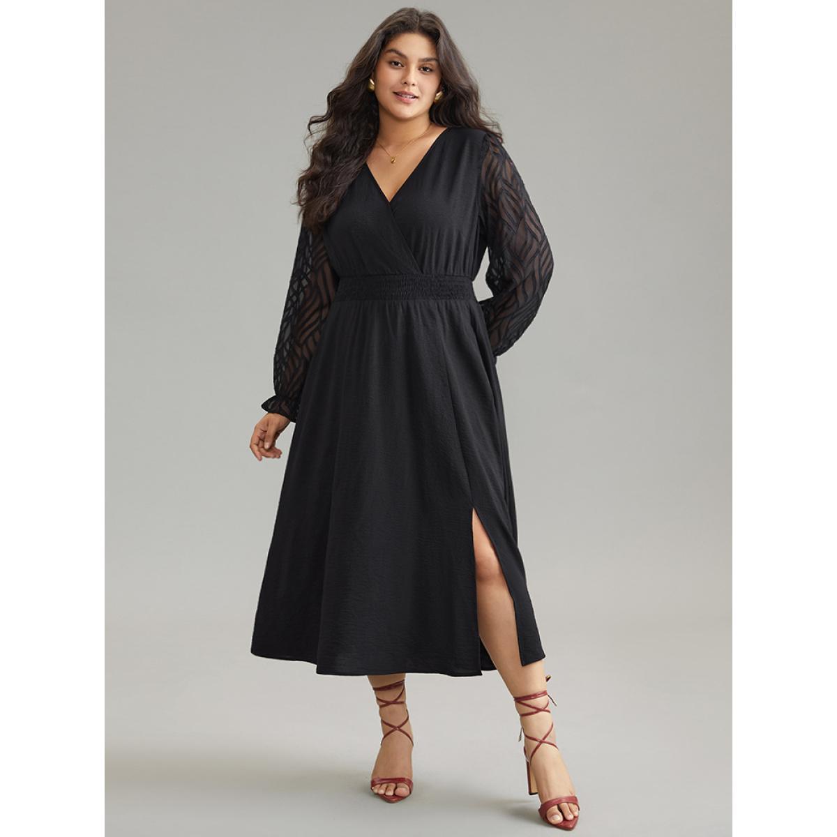 Plus Size Graphic Mesh Patchwork Pocket Split Side Dress Black Women Elegant Wrap Overlap Collar Long Sleeve Curvy Midi Dress BloomChic 18-20/2X Product Image