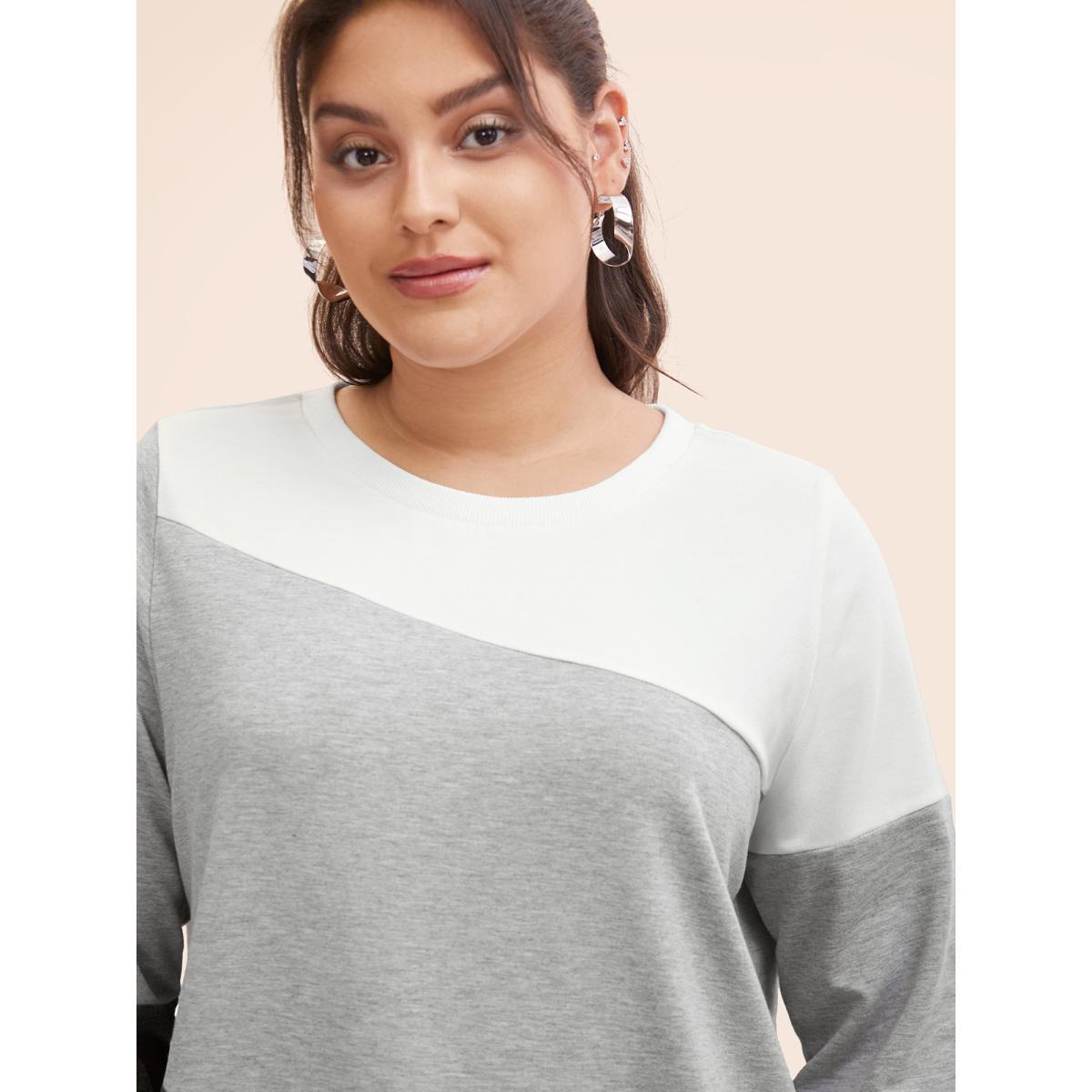 Plus Size Crew Neck Colorblock Contrast Sweatshirt Women DimGray Casual Contrast Round Neck Everyday Sweatshirts BloomChic 30/6X Product Image