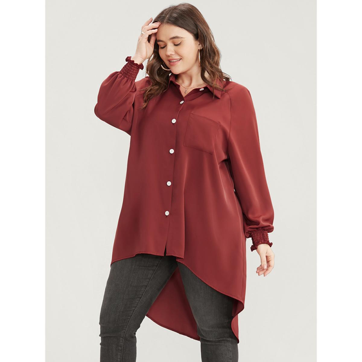 Plus Size Russet Solid Shirred Pocket Button Up High Low Hem Blouse Women Office Long Sleeve Shirt collar Work Blouses BloomChic 22-24/3X Product Image