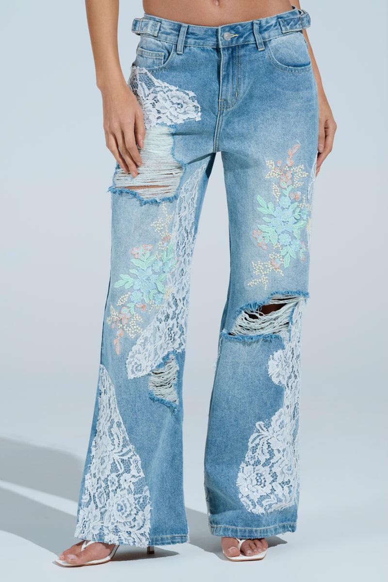 PICKING PEDALS FLORAL AND LACE DETAIL DENIM PANTS Product Image