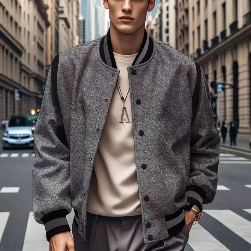 Contrast Trim Button-Up Baseball Jacket Product Image