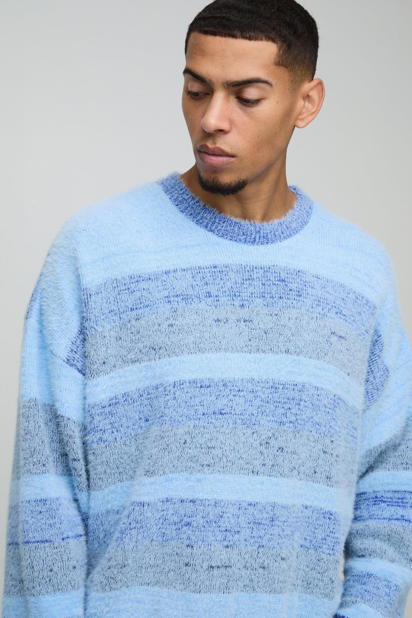 Boxy Brushed Stripe Knitted Sweater | boohooMAN USA Product Image