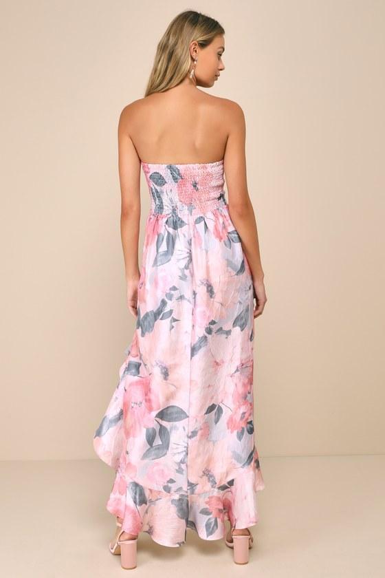 Blushing Darling Light Pink Floral Strapless High-Low Maxi Dress Product Image