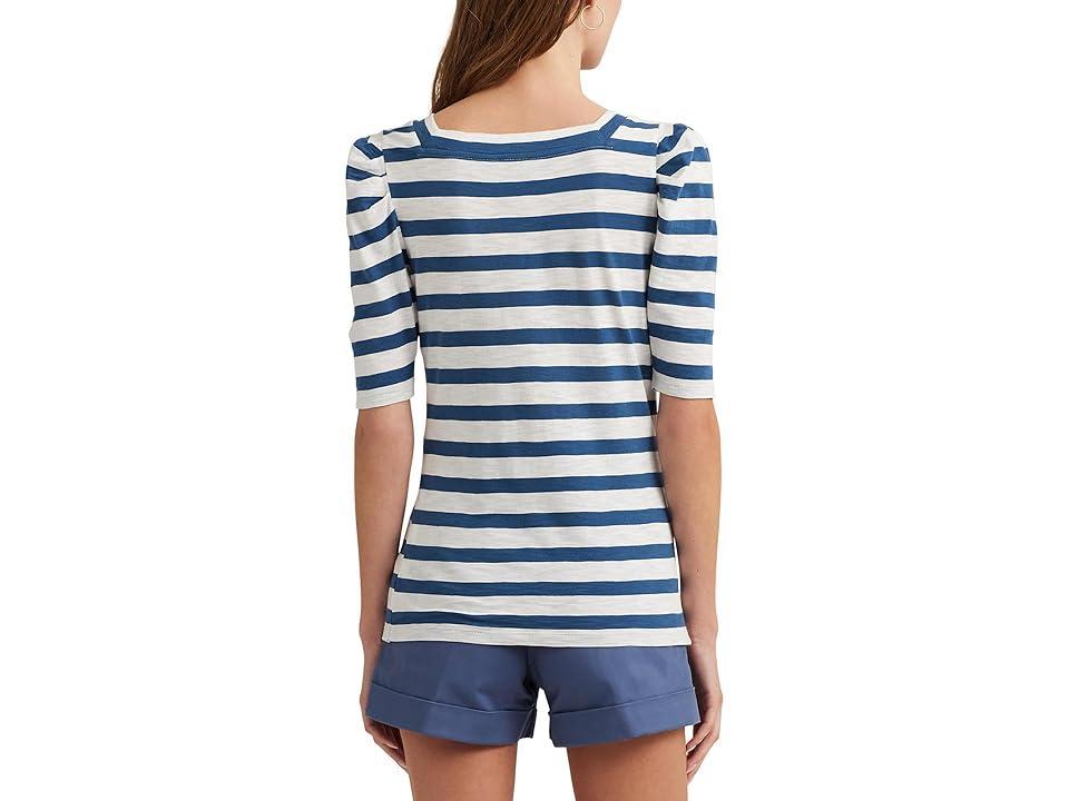 Lauren Ralph Lauren Striped Cotton Jersey Puff-Sleeve Tee Indigo Dusk) Women's Clothing Product Image